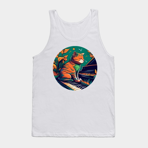 Funny Cat Kitty Playing Keyboard Piano Funny Player Tank Top by Karin Wright